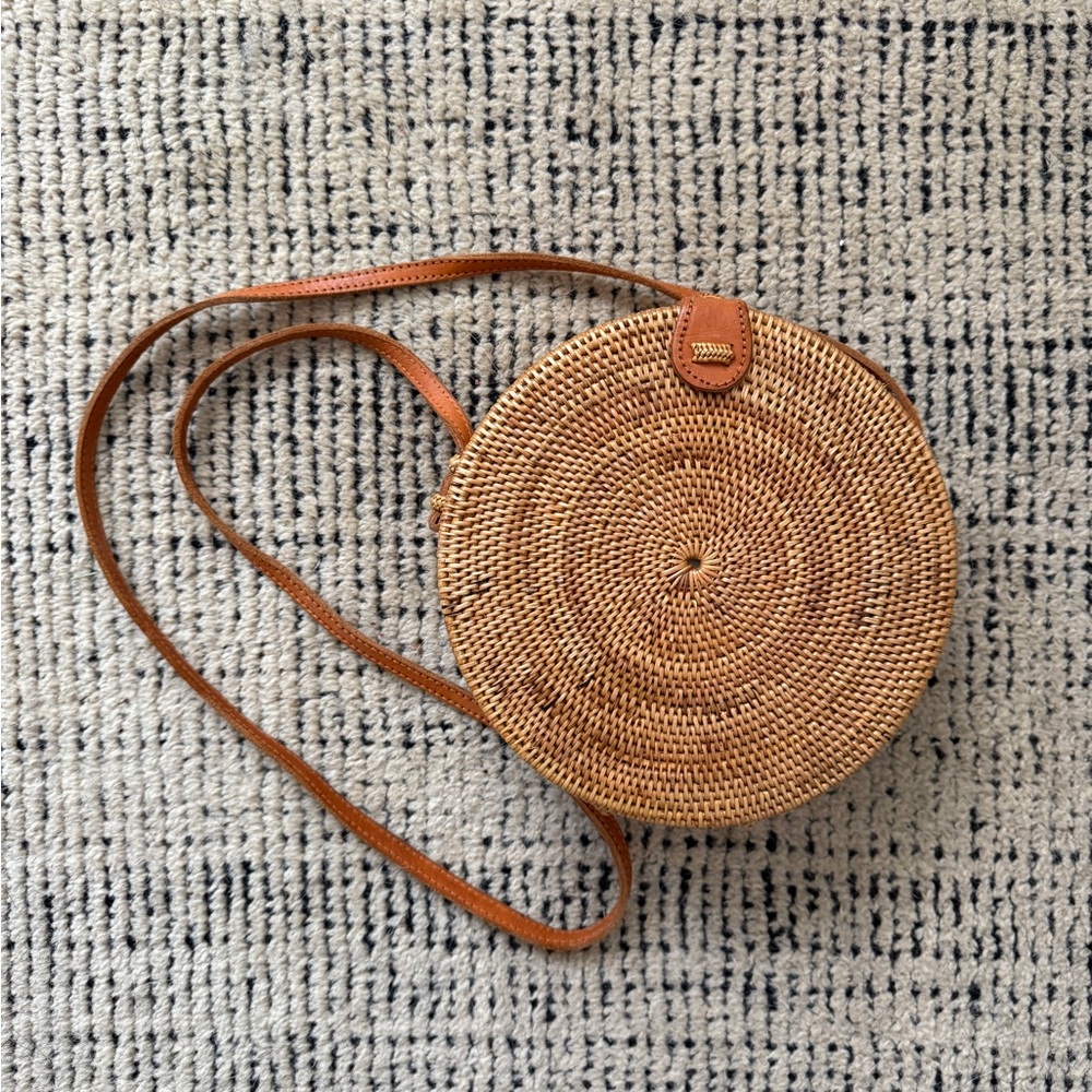 Woven Round Crossbody Bag in Tan - Picture 1 of 4